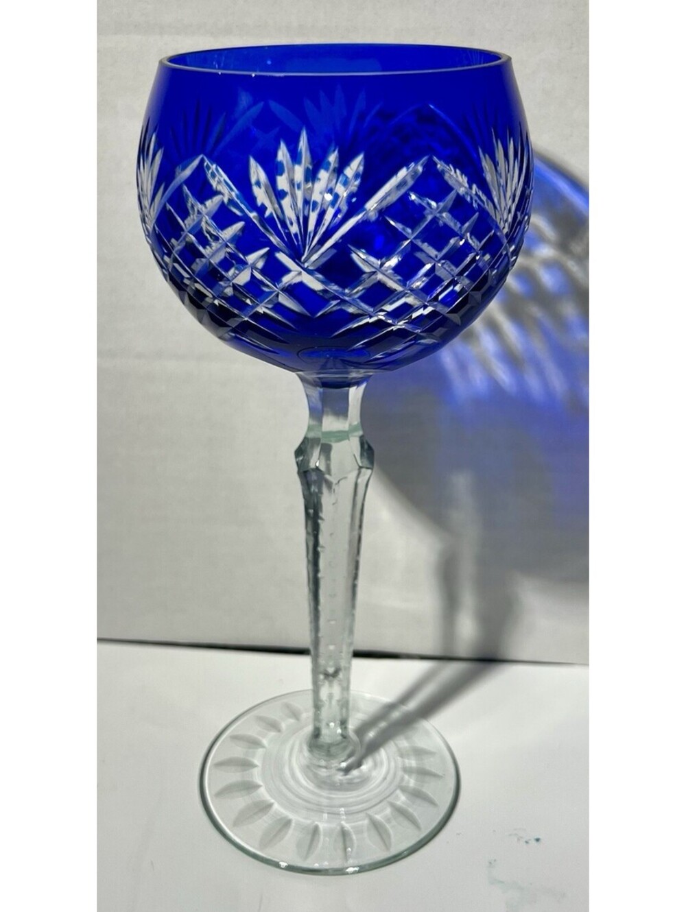 Bohemian Cut To Clear Crystal Cobalt Blue Hock Wine Glass 8 3/8” Tall